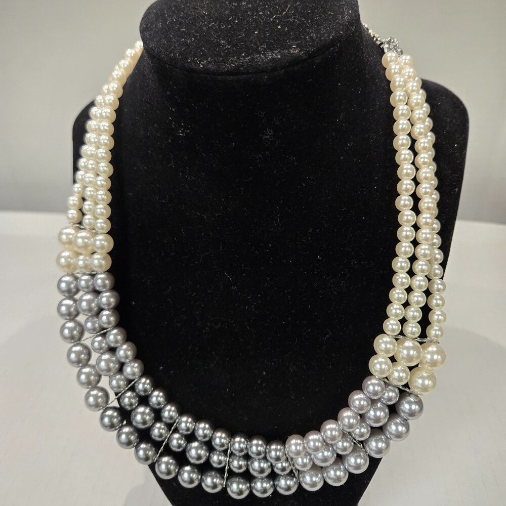 Two Tone Three-Tiered Faux Pearl Necklace and Earring Set